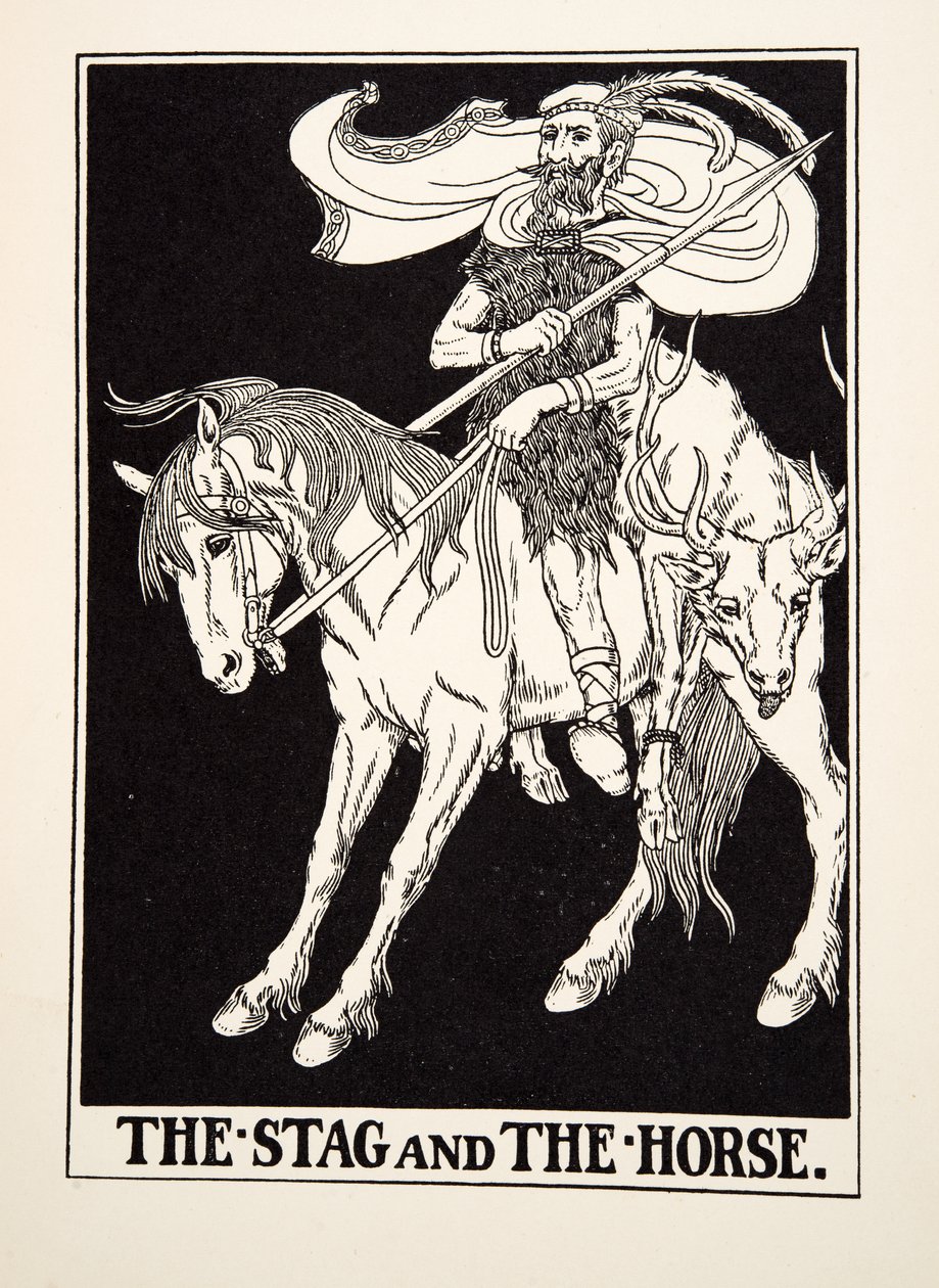 Stag and the Horse, från A Hundred Fables of Aesop, pub.1903 (gravyr) av Percy J. Billingshurst