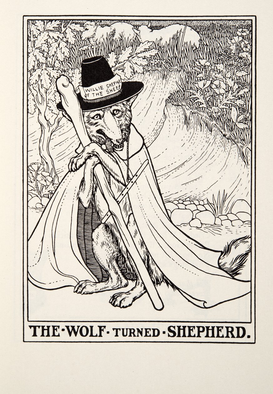 The Wolf Turned Shepherd, från Fontaine Fables, pub. 1905 av Percy J. Billingshurst