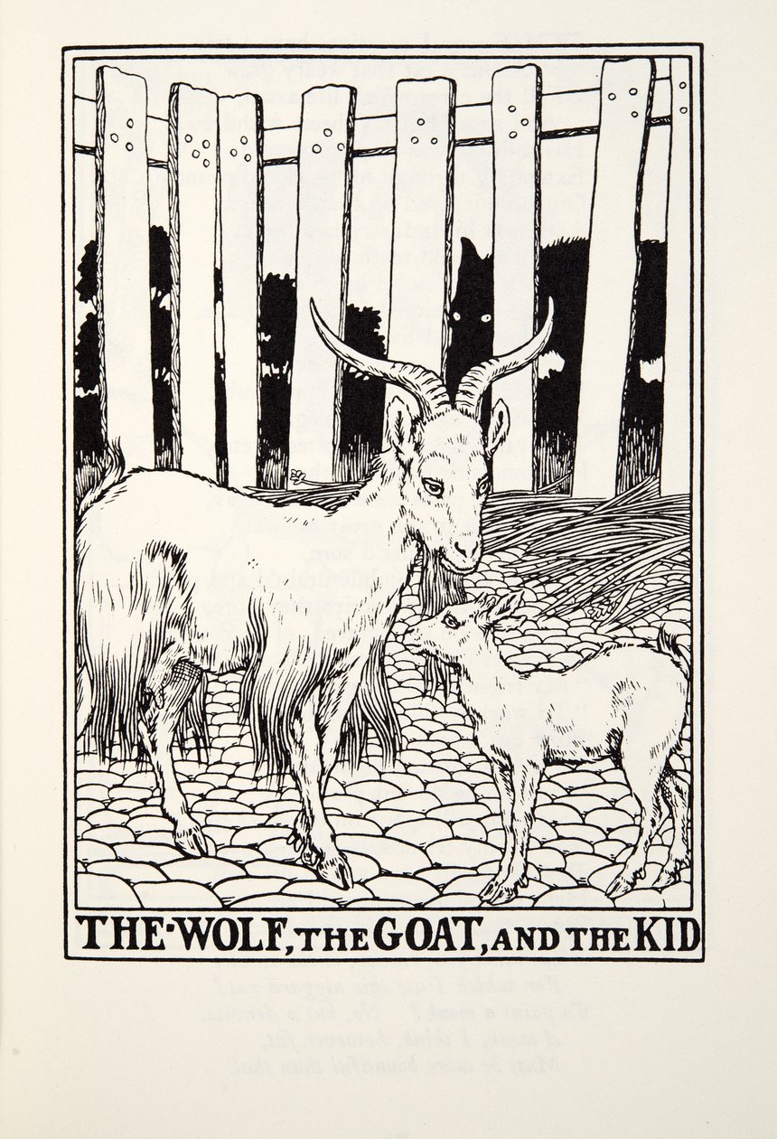 The Wolf, the Goat and the Kid, från Fontaine Fables, pub. 1905 av Percy J. Billingshurst