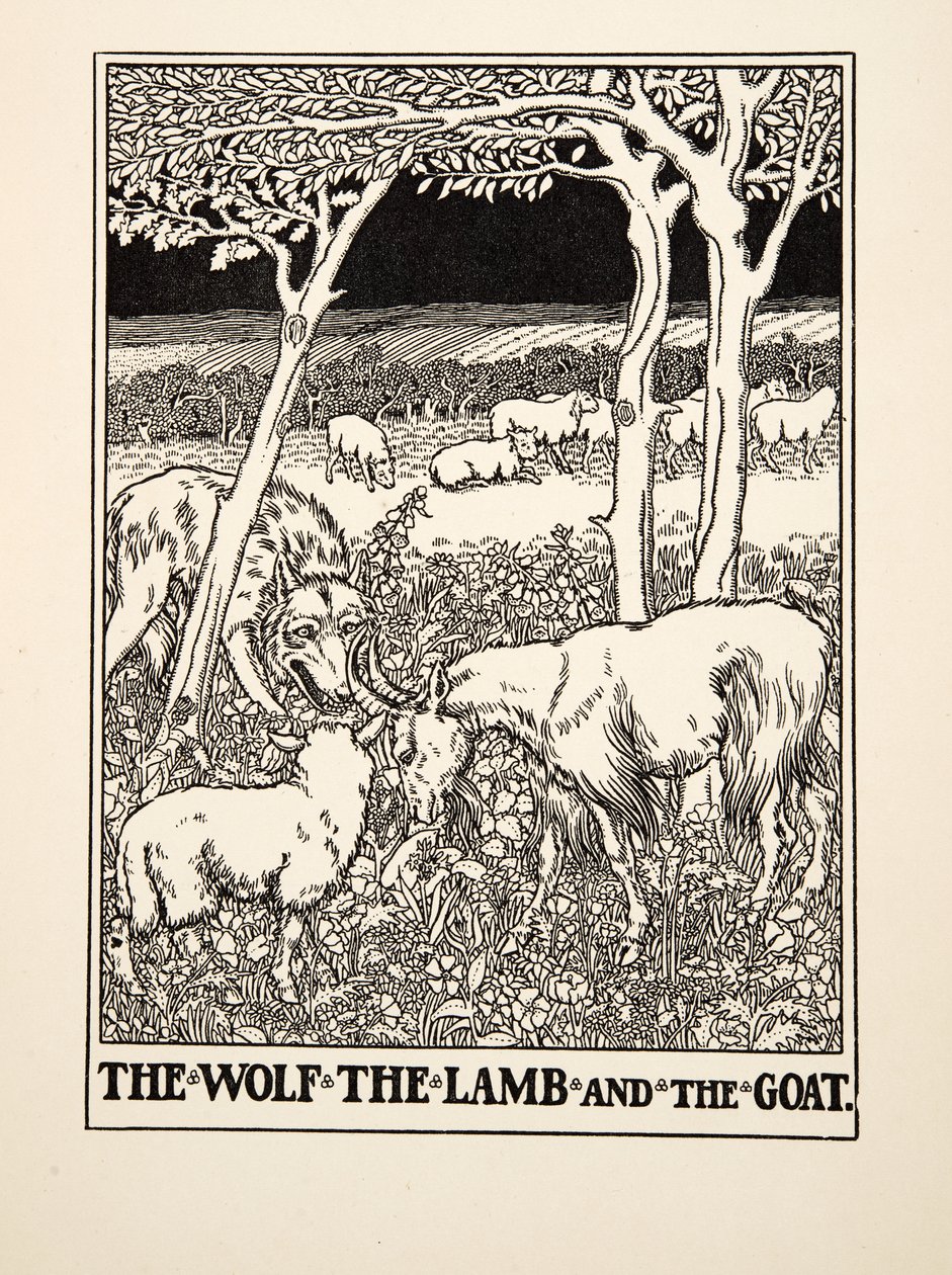 Vargen, lammet och geten, från Aesops hundra fabler, pub.1903 (gravyr) av Percy J. Billingshurst