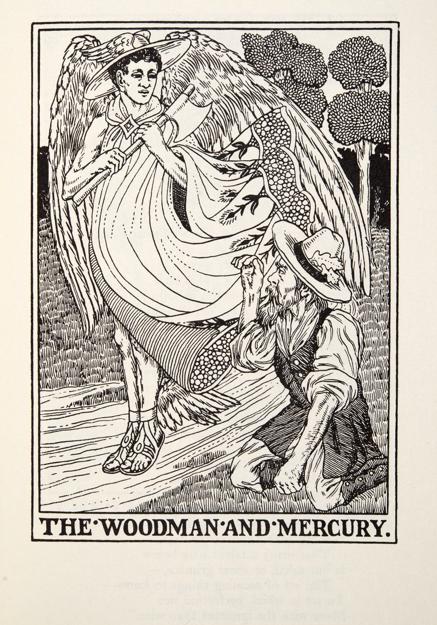 The Woodman and Mercury, från Fontaine Fables, pub. 1905 av Percy J. Billingshurst