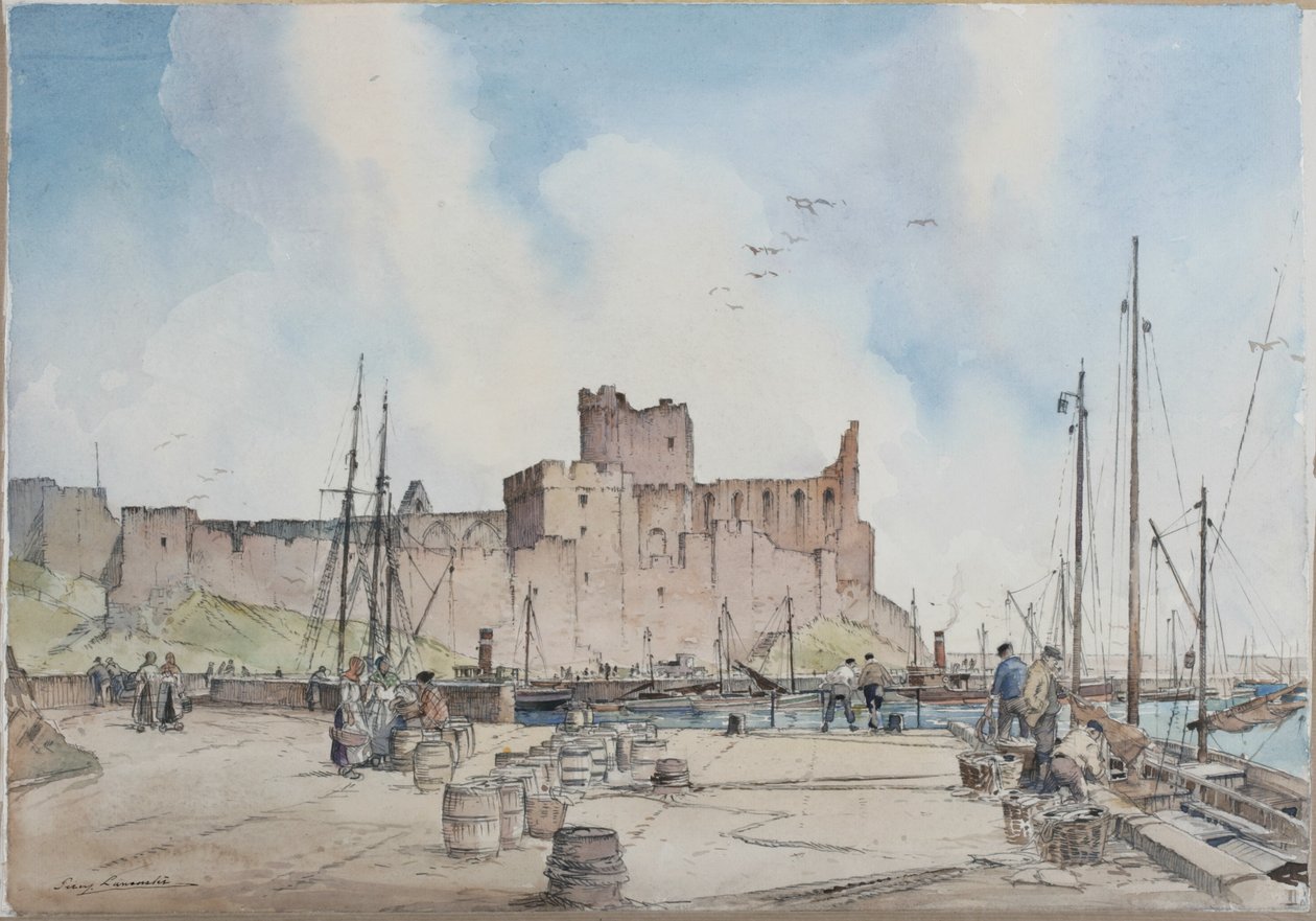 Peel Castle, Isle of Man (penna och akvarell på papper) av Percy Lancaster