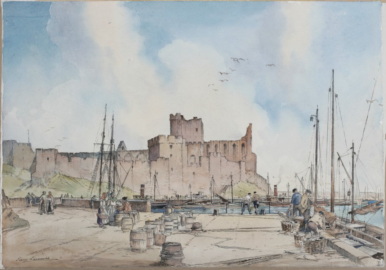 Peel Castle, Isle of Man (penna och akvarell på papper) av Percy Lancaster