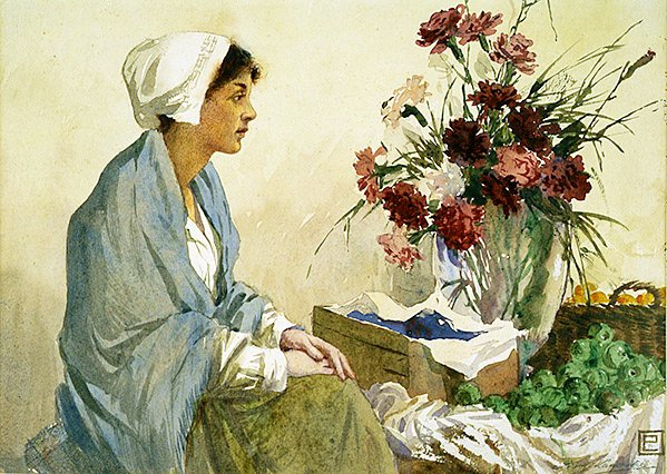 Blomstersäljaren (akvarell på papper) av Percy Lancaster
