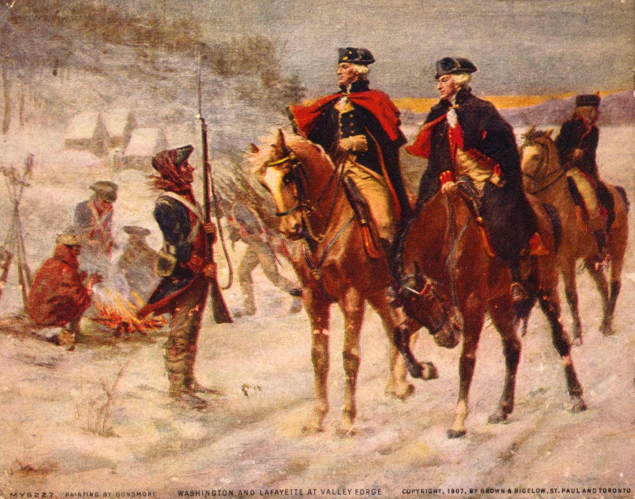 Washington och Lafayette på Valley Forge/målning av Dunsmore. C. 1907. av Percy Moran