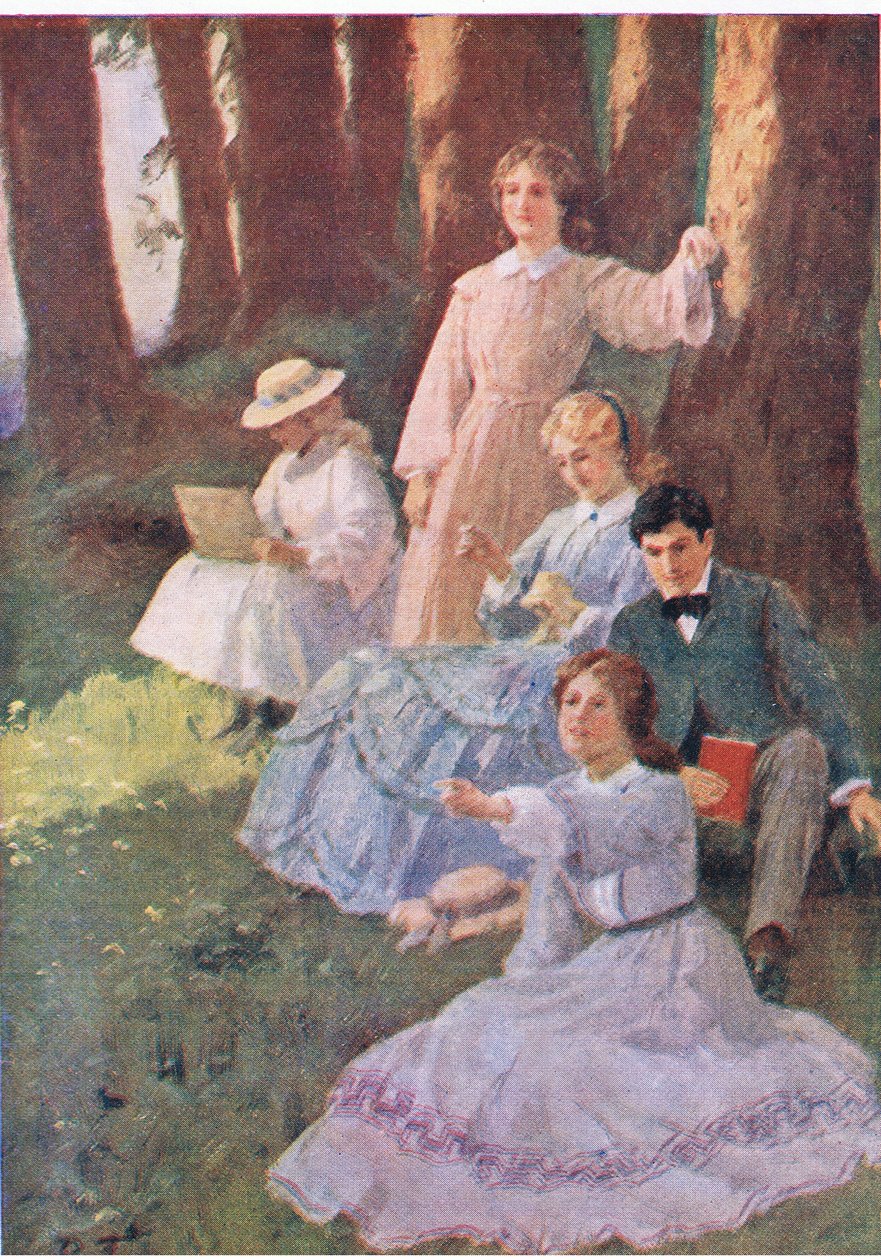 Jo pekade, och Laurie ställde upp för att undersöka, från Little Women publicerad av Associated Newspapers Limited, c.1940 (färg litho) av Percy Tarrant