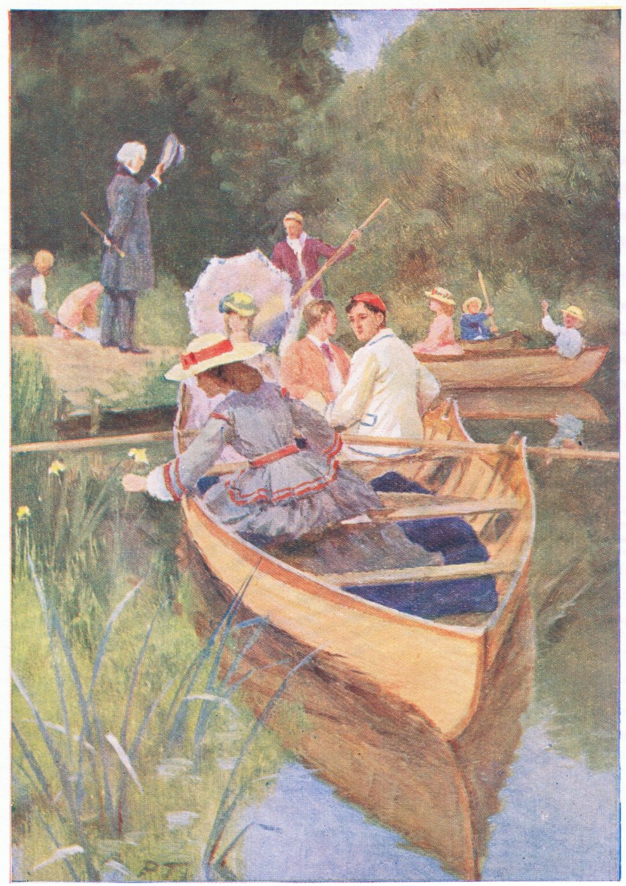 Laurie och Jo rodde en båt, från Little Women publicerad av Associated Newspapers Limited, c.1940 (lito i färg) av Percy Tarrant