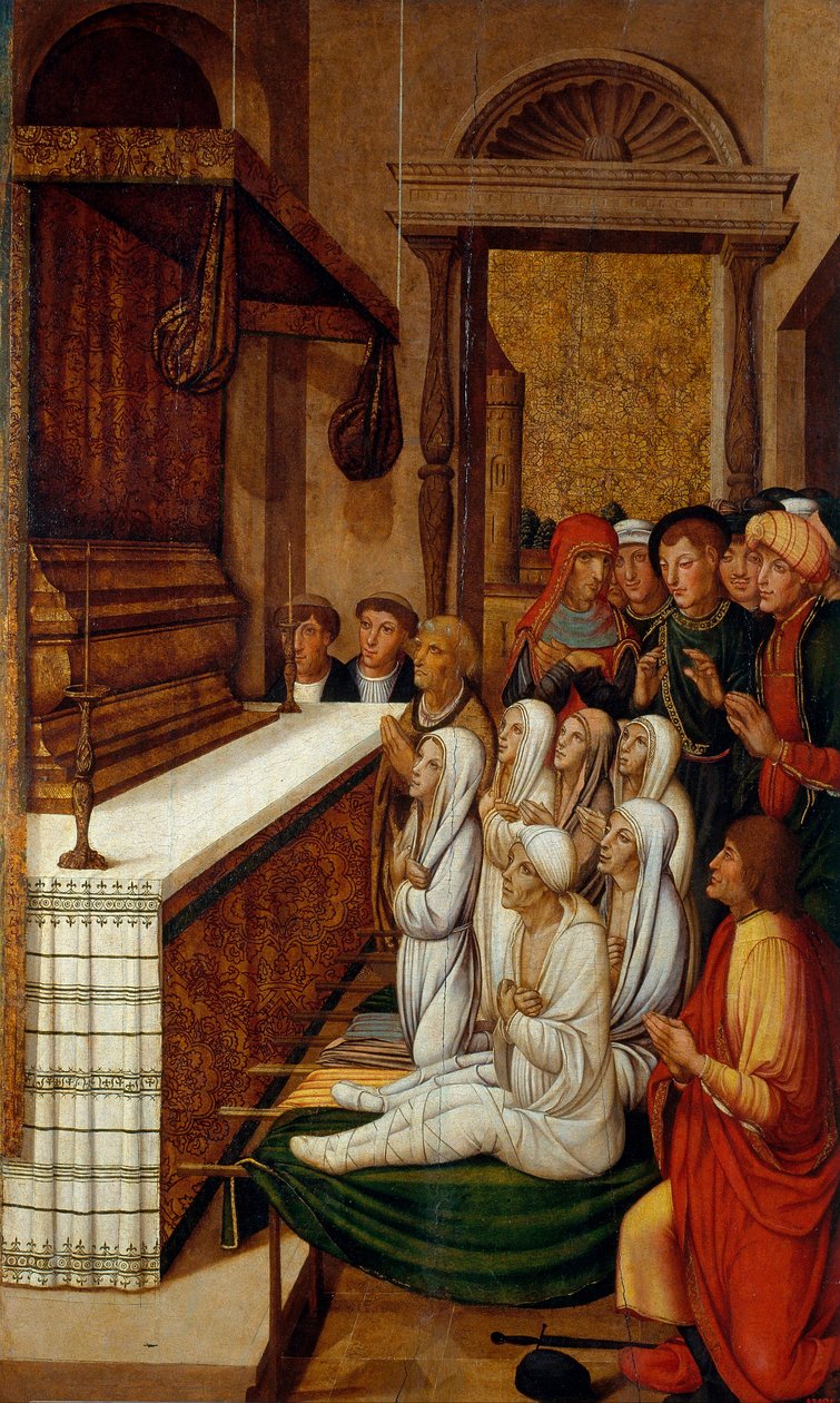 Sex uppståndelser devant les reliques de saint Etienne - Sex uppståndelser före Sankt Stefans reliker - Peinture de Pere (Pedro) Gasco (1502/05-1546) - c.1535 - Tempera på panel - 146,7x88,5 - Museu Nacional d 