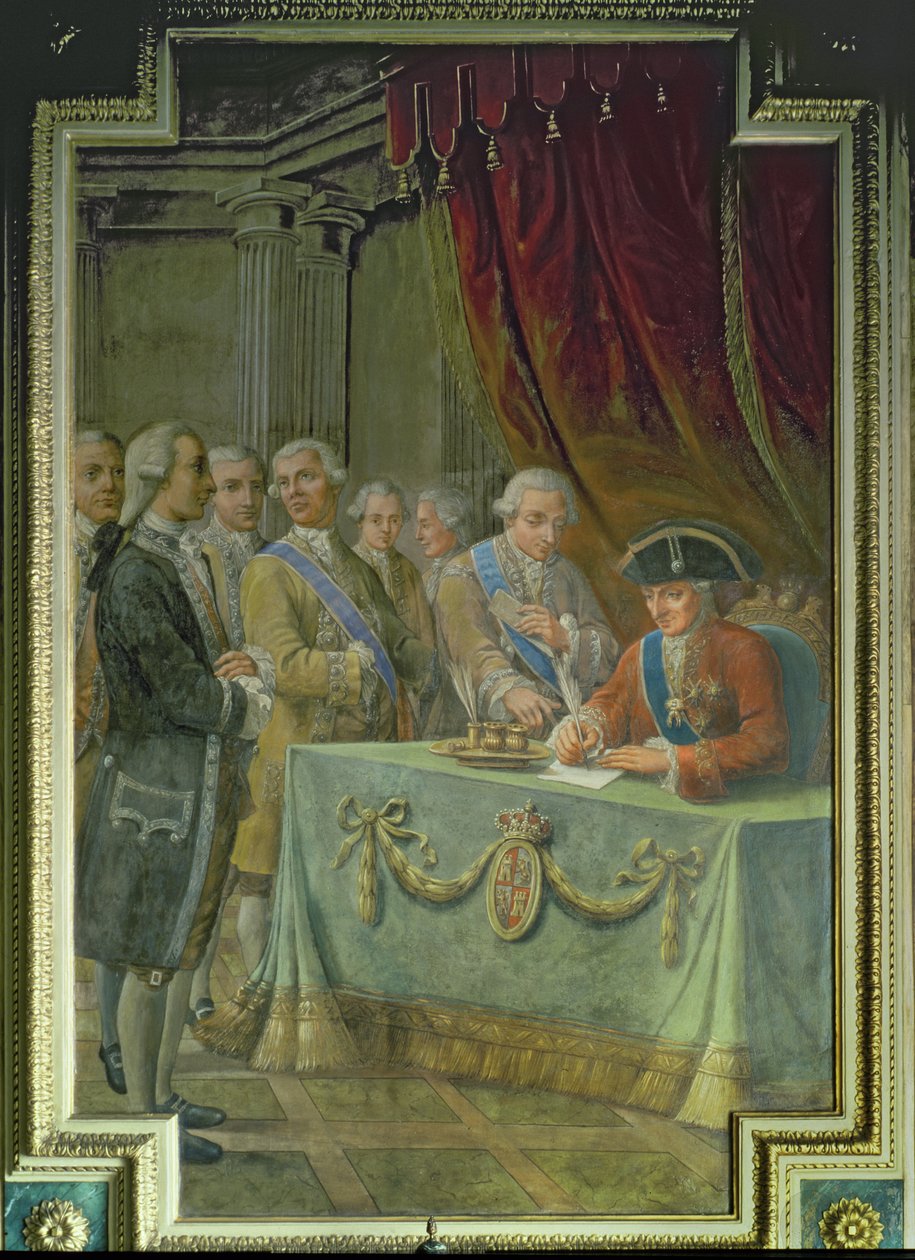 Karl III (1716-88) undertecknar dekretet som tillåter handel med Asien och Filippinerna av Pere Pau Muntanya