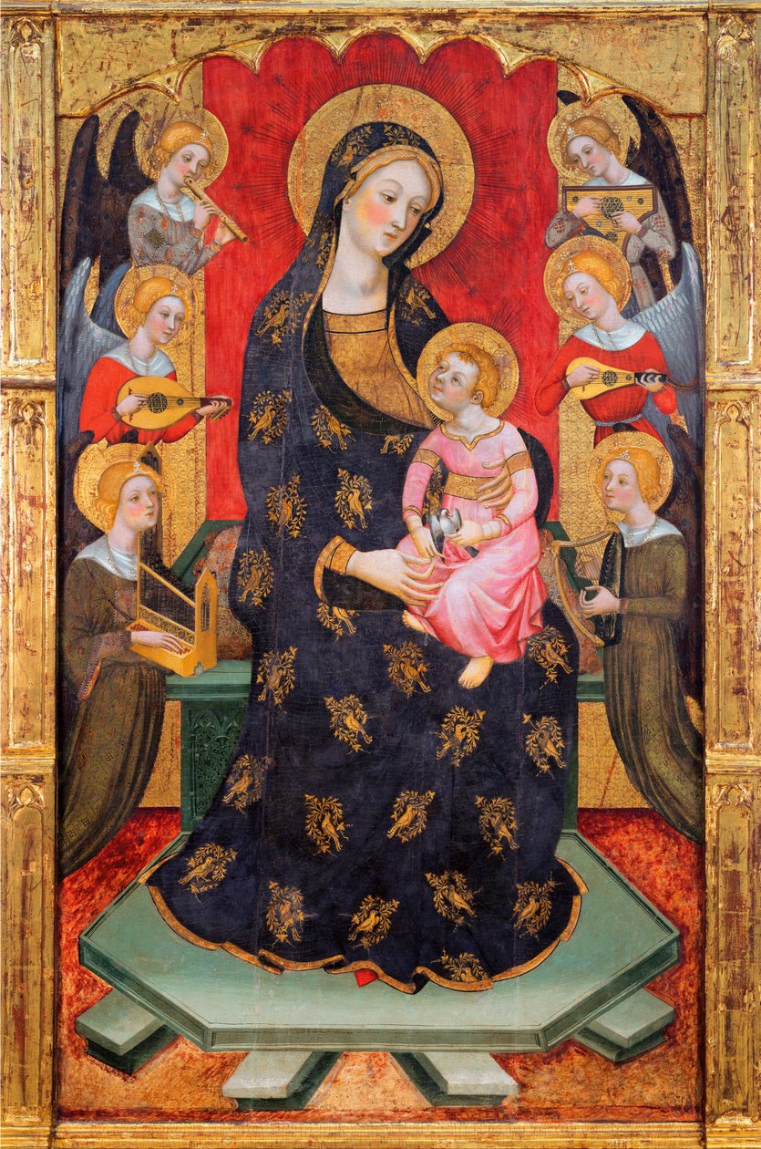 Madonna och barn med musikeränglar - Madonna med änglar som spelar musik - Målning av Pere (Pedro) Serra (aktiv ca 1357-1406), ca 1380 - Tempera på panel - Museu Nacional d