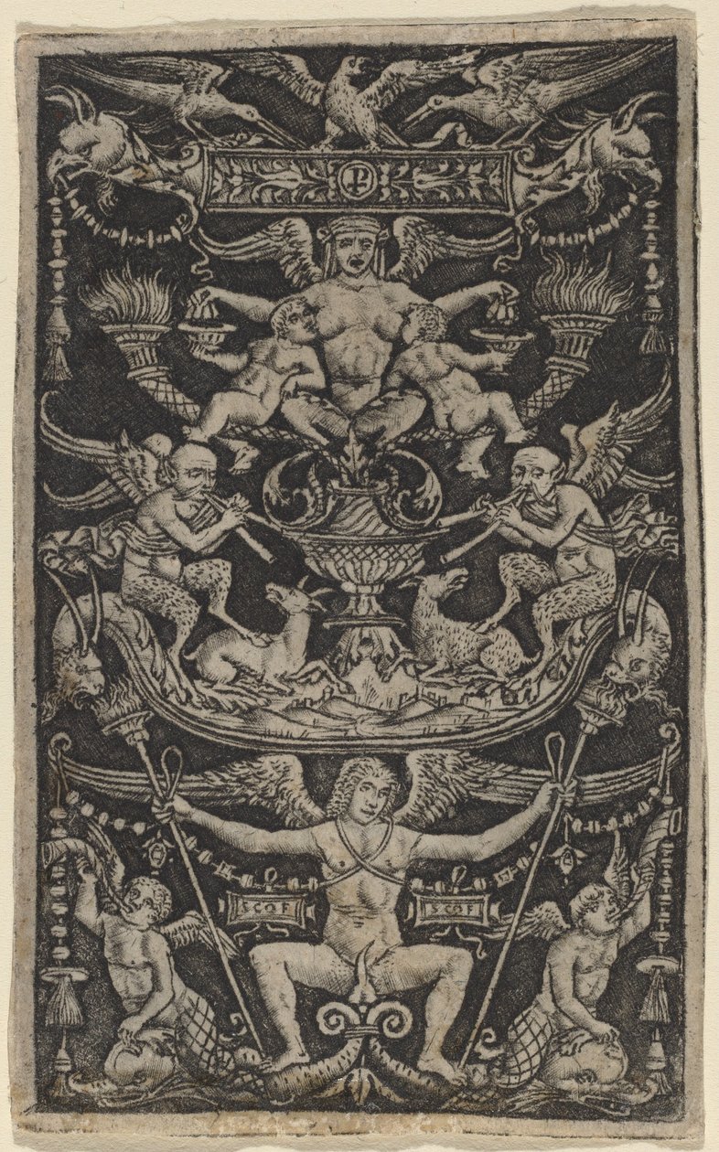 Panel av prydnad med en Satyress som matar två barn av Peregrino da Cesena