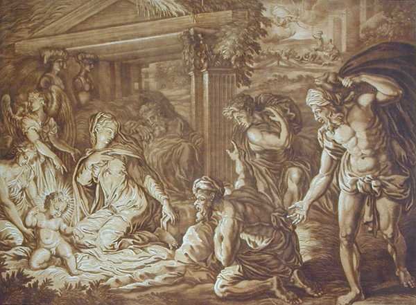 Herdarnas tillbedjan, graverad av Elishah Kirkhall (1682-1742) 1724 (färg litho) av Perino del Vaga