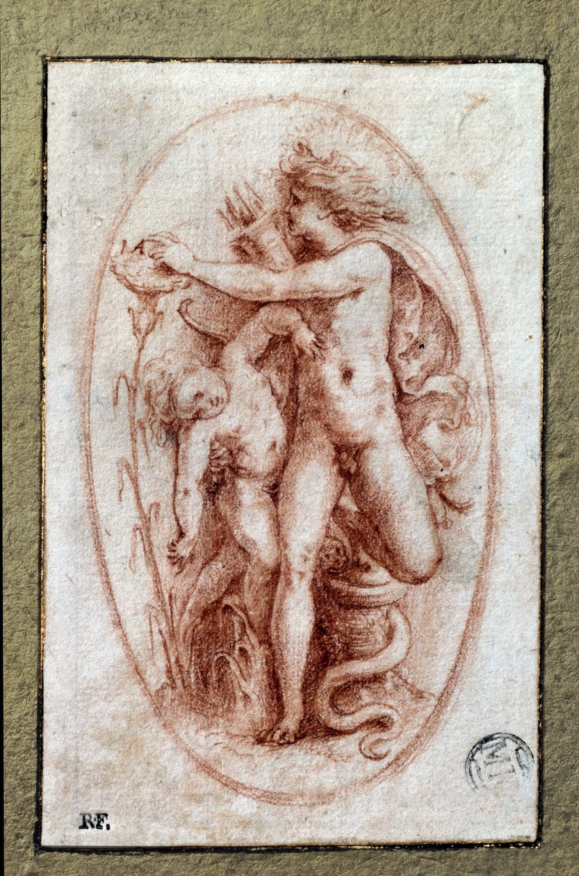 Apollo och Hyacint. Ritning a la sanguine av Pietro Buonaccorsi (1500-1546 / 47) även känd som Pierino del Vaga av Perino del Vaga