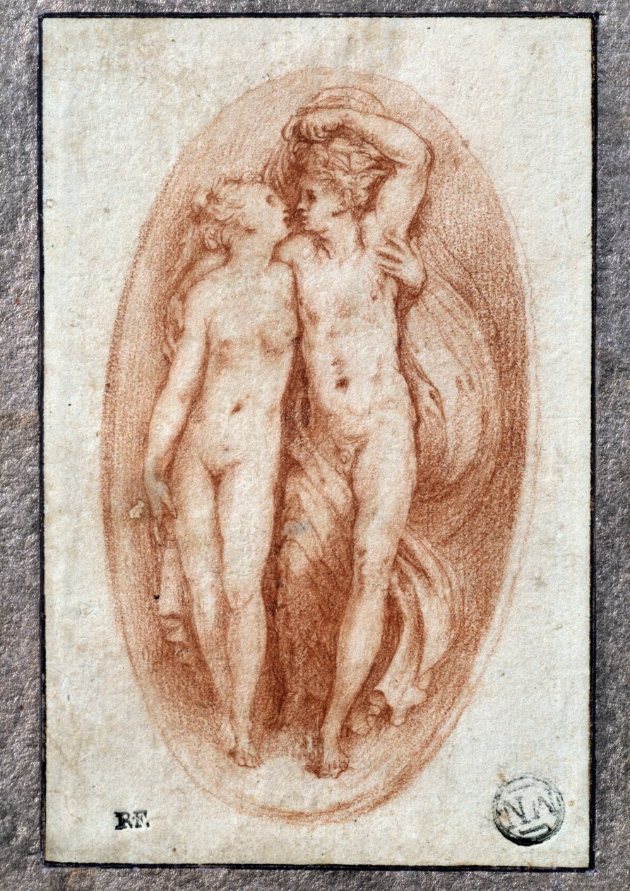 Par omfamnar. Ritning a la sanguine av Pietro Buonaccorsi (1500-1546 / 47) även känd som Pierino del Vaga av Perino del Vaga
