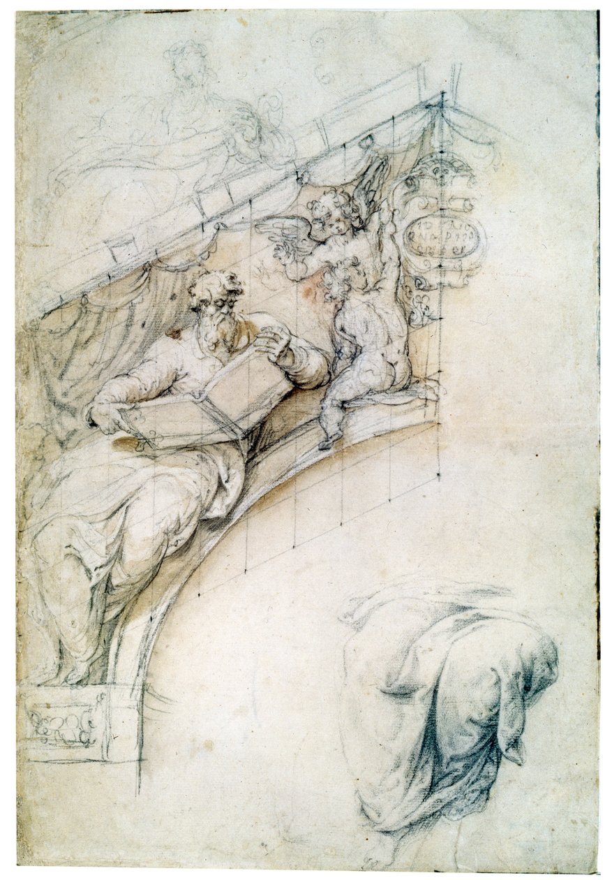 Dekoration av en vägg över en ingångsbåge med en profet och två Puttos, c1525 av Perino del Vaga