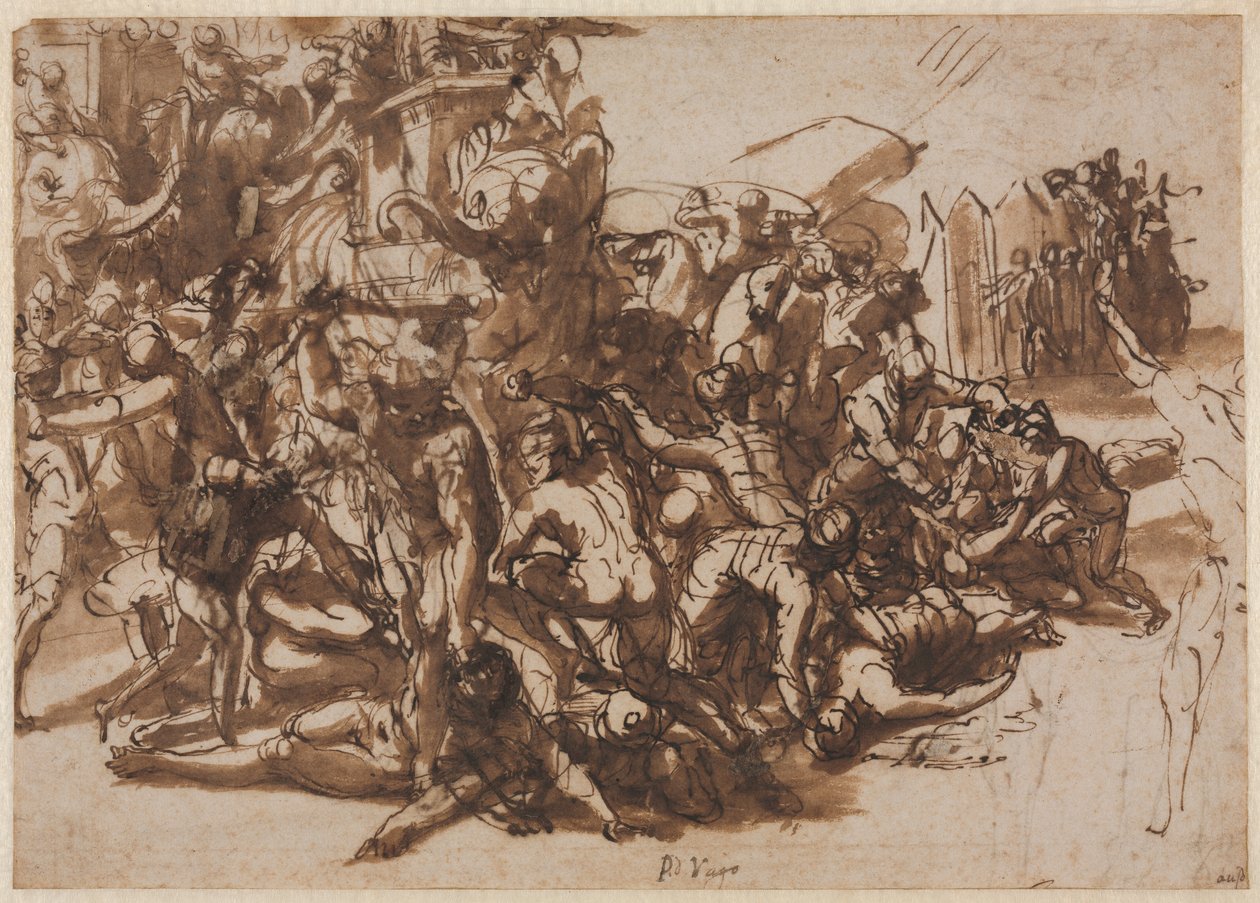 Poros attackerad av den makedonska armén recto, Sketches of Animals verso, ca. 154547. av Perino del Vaga