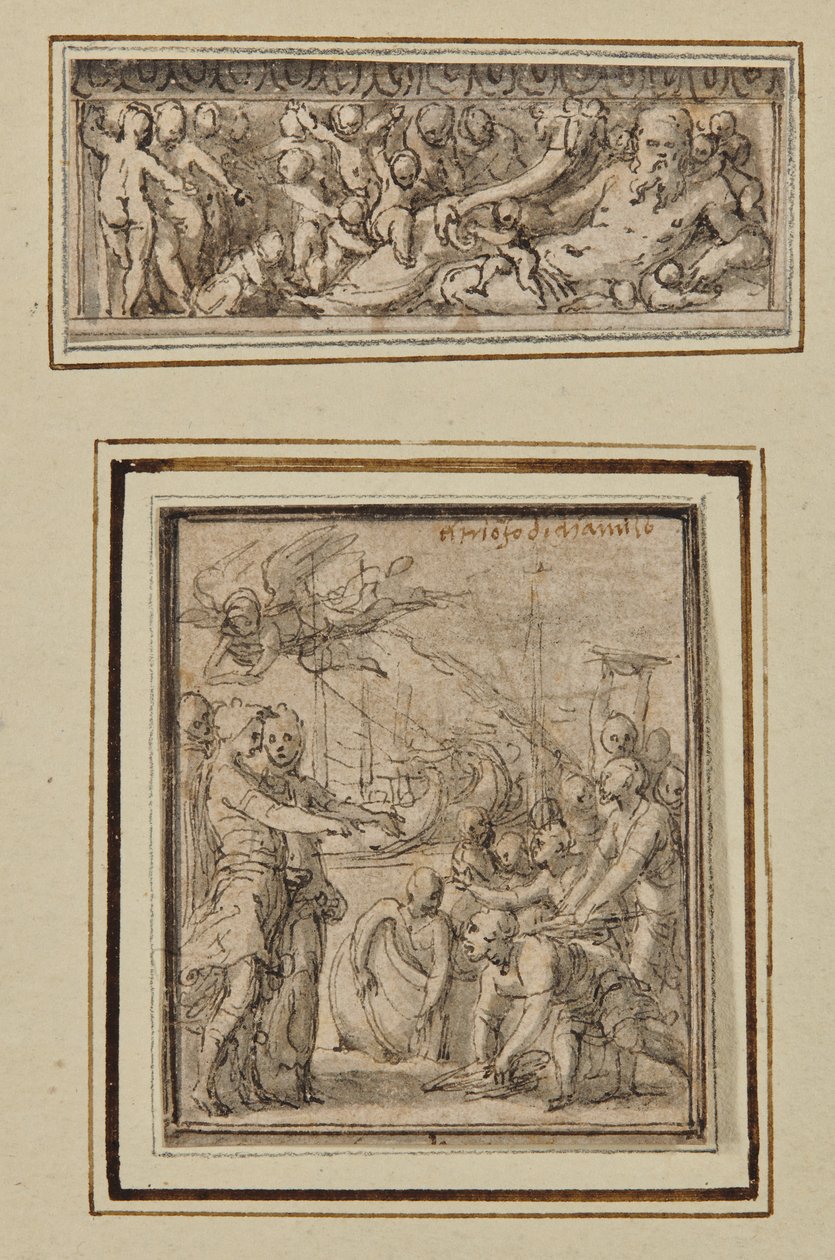 Flodgud omgiven av putti; och Triumf av Marcus Furius Camillus av Perino del Vaga
