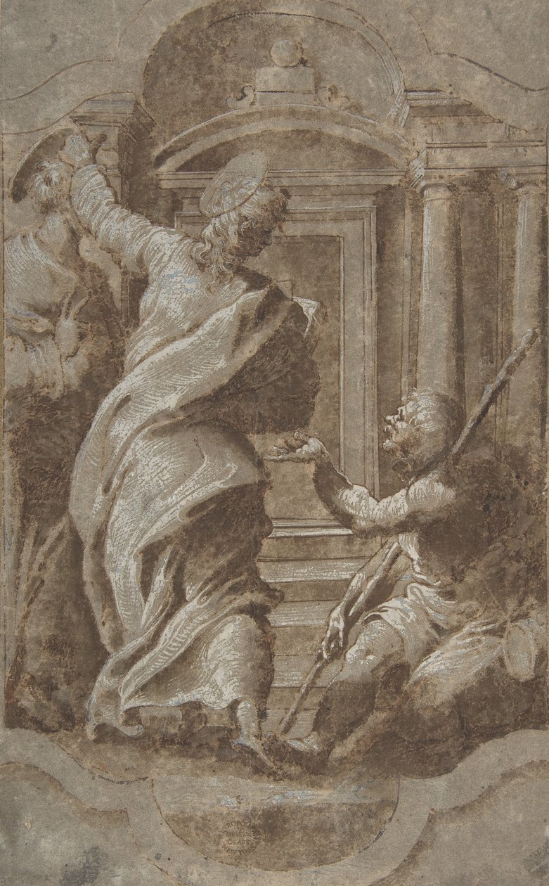 De heliga Petrus och Johannes botar en krympling vid templets port, 1501-47. av Perino del Vaga