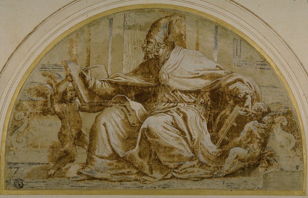 Sittande kyrkofader (Saint Augustine?) med Putti av Perino del Vaga