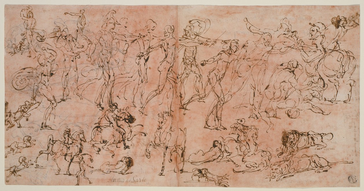 Studier av krigare, ryttare och lejon (recto); Studier av huvuden och nakenfigurer, takplan och inskriptioner (verso) av Perino del Vaga