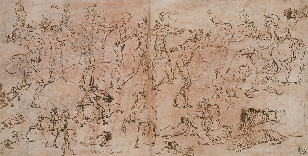 Studier av krigare, ryttare och lejon, 1528-33 av Perino del Vaga