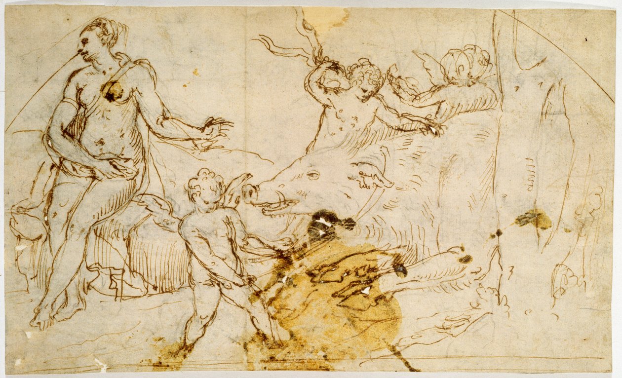 Venus, putti och ett vildsvin, ca 1520-1540 av Perino del Vaga