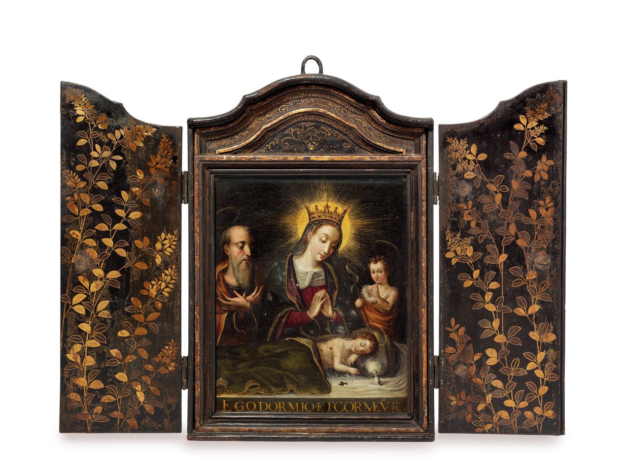 En bärbar kristen helgedom (Seigan) beställd av de portugisiska jesuiterna (olja på koppar i fodral) av Period Momoyama