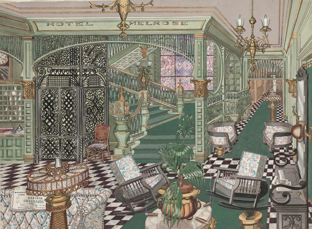Melrose Hotel Lobby, 1880, ca. 1947. av Perkins Harnly