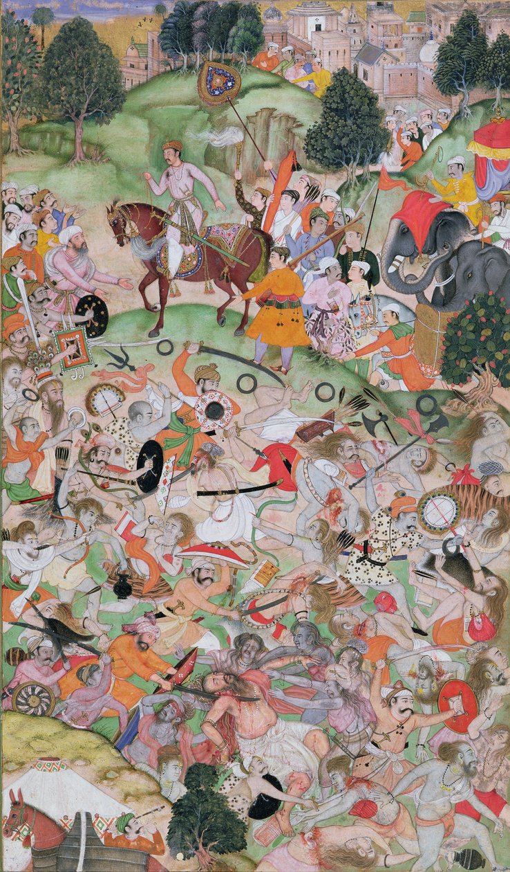 Akbar hjälpte till i asketernas gräl, från Akbarnama, Mughal, ca 1590-95 (ogenomskinlig wc & guld på papper) av Persian School