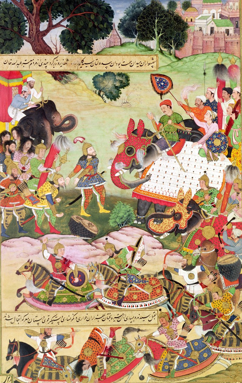 Slaget mellan Persiens och Turans styrkor, illustration från "Shahnama" (Kungaboken), av Abu