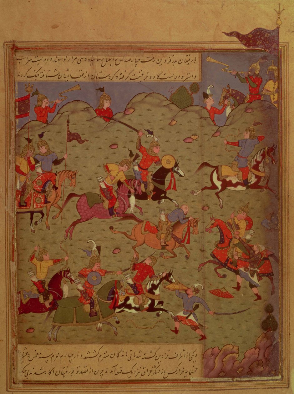 Codrington MS (nr 249A). En stridsscen, från Iskandar-nama av Nizami, ca 1525 (wc, bläck och guld på papper) av Persian School
