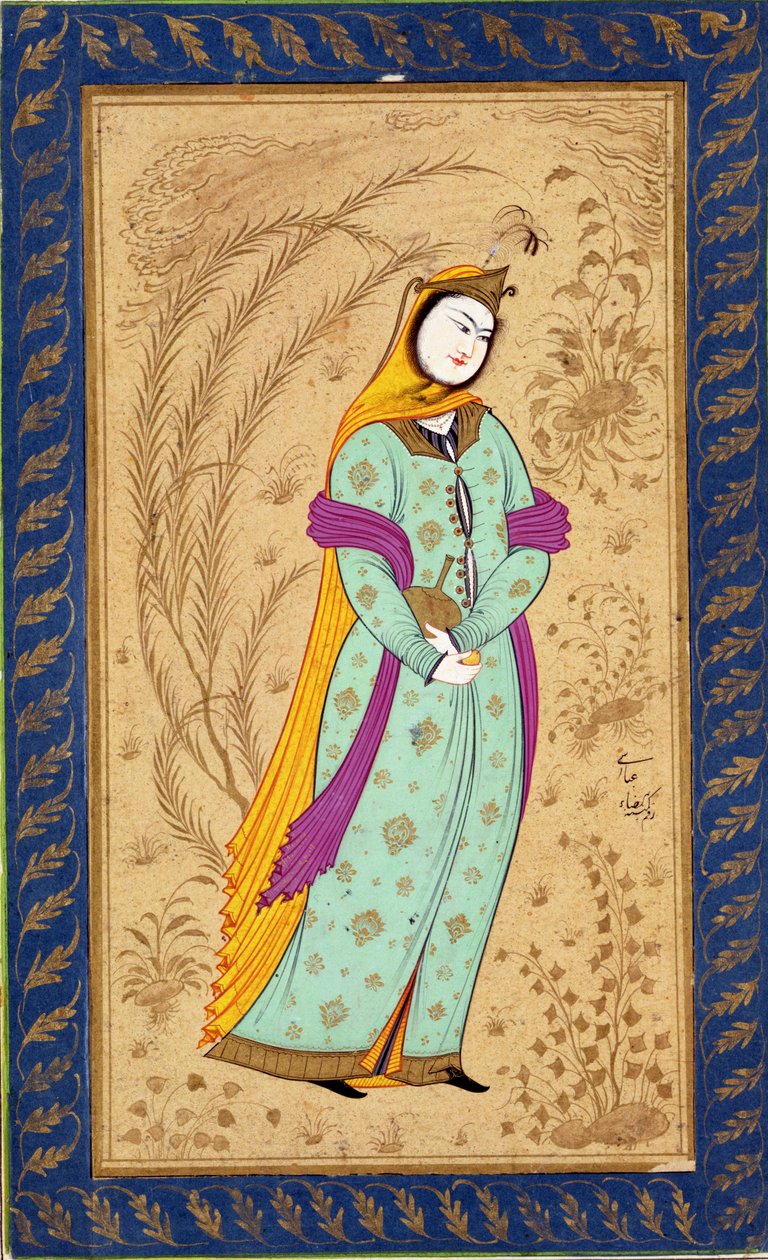 Flicka som håller ett vinkärl och ett päron, från det stora Clive-albumet, ca 1630-35 av Persian School