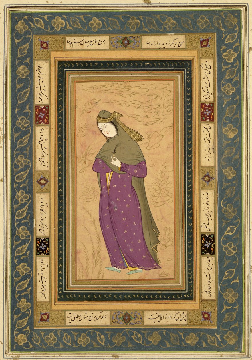 Flicka som håller en aigrette, från Large Clive Album, c.1620-30 av Persian School