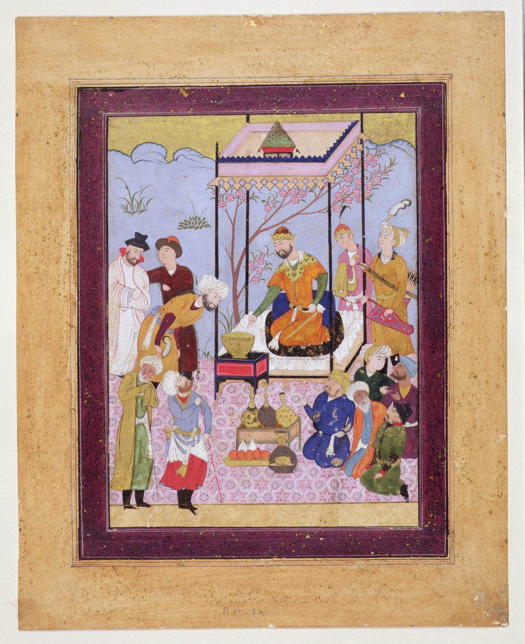 Khamsa av Nizami i en paviljong bland anhängare och skötare, ca 1590 (wc, kroppsfärg och förgylld på kort) av Persian School