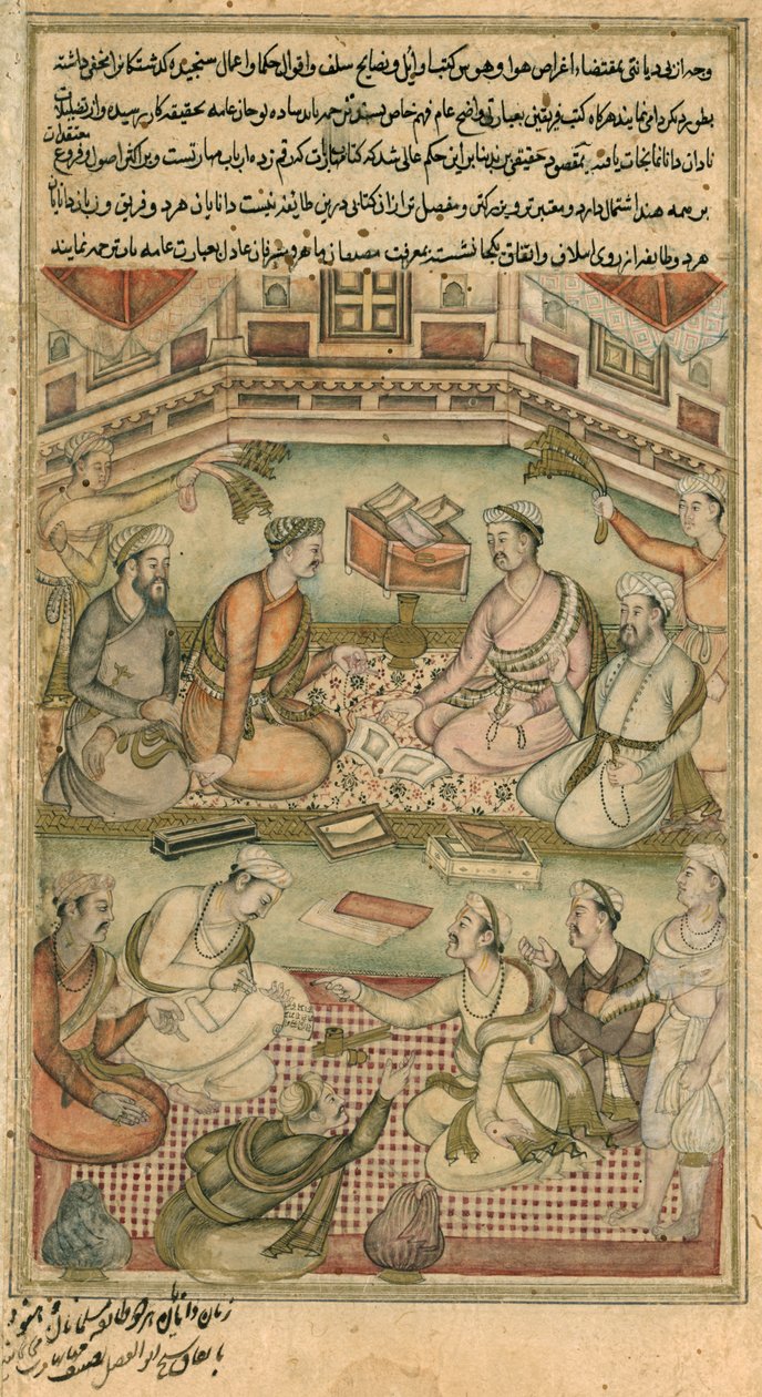 Lewis M18 hinduiska och muslimska forskare översätter Mahabharata från sanskrit till persiska, från "The Raznama", 1598-99 av Persian School