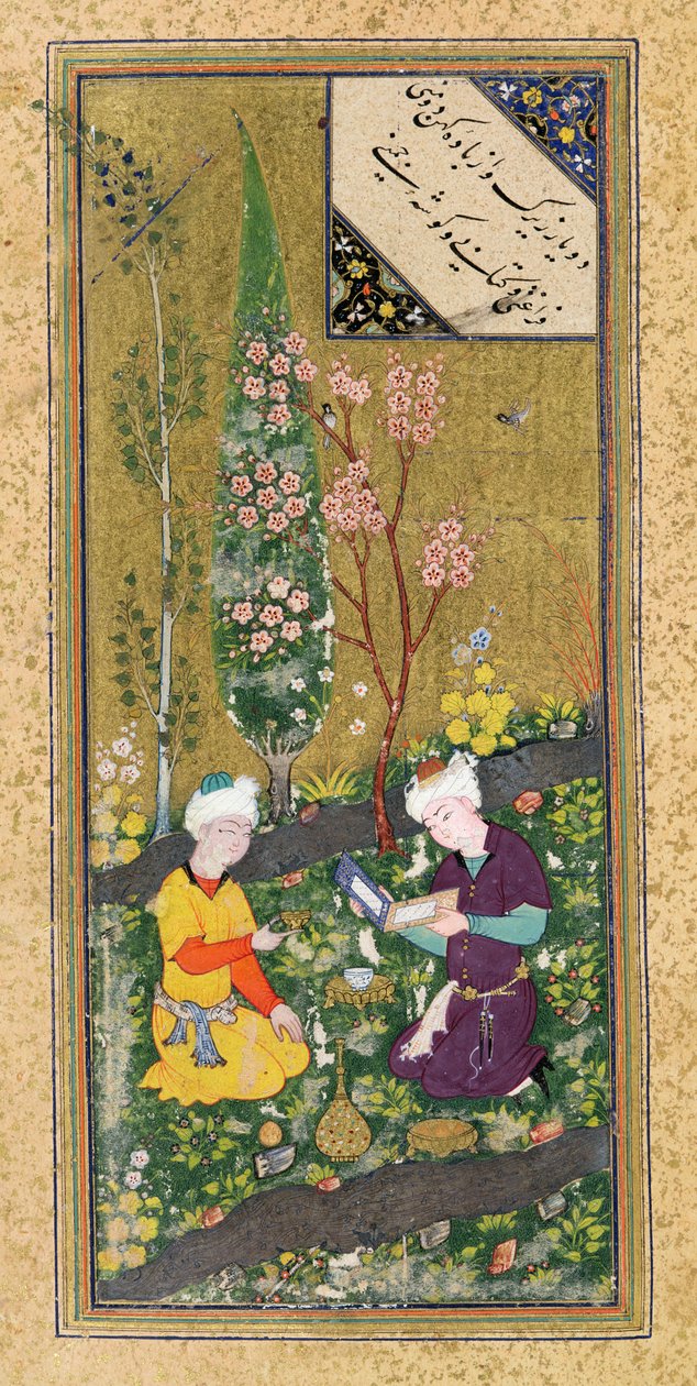 Ms C-860 fol.9a Två figurer som läser och kopplar av i en fruktträdgård, ca 1540-50 av Persian School