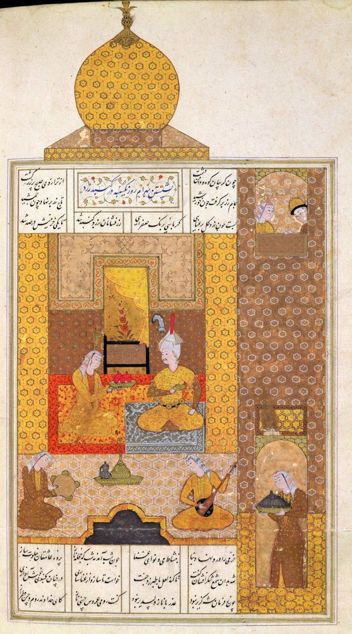 Ms D-212 fol.205b Bahram (420-28) besöker prinsessan av Turkestan, illustration till De sju prinsessorna, 1199, av Elias Nezami (1140-1209) c.1550 av Persian School