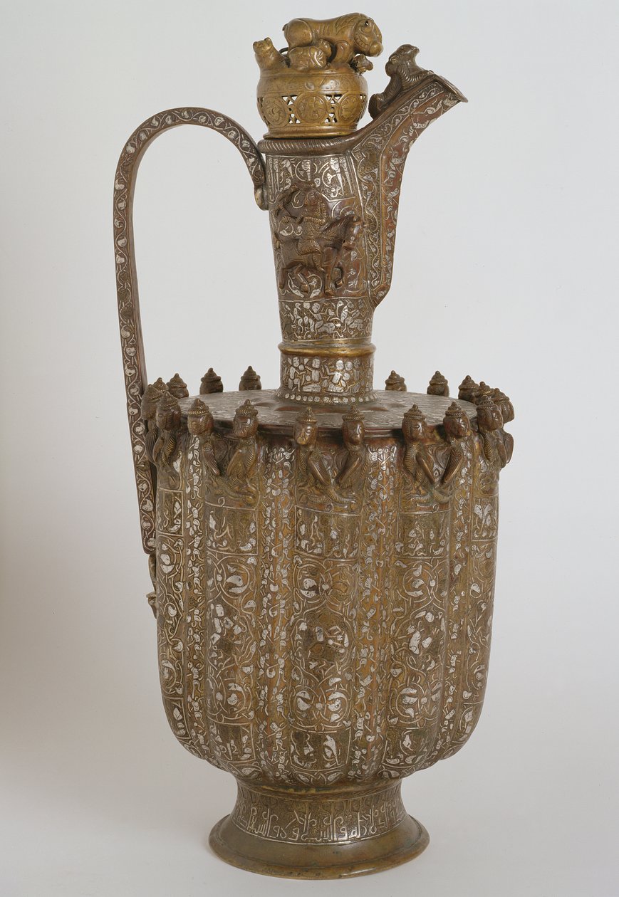 Kande med håndtag og låg, fra Khorasan, Safavid Dynasty (messing indgraveret med sølvindlæg) swed av Persian School