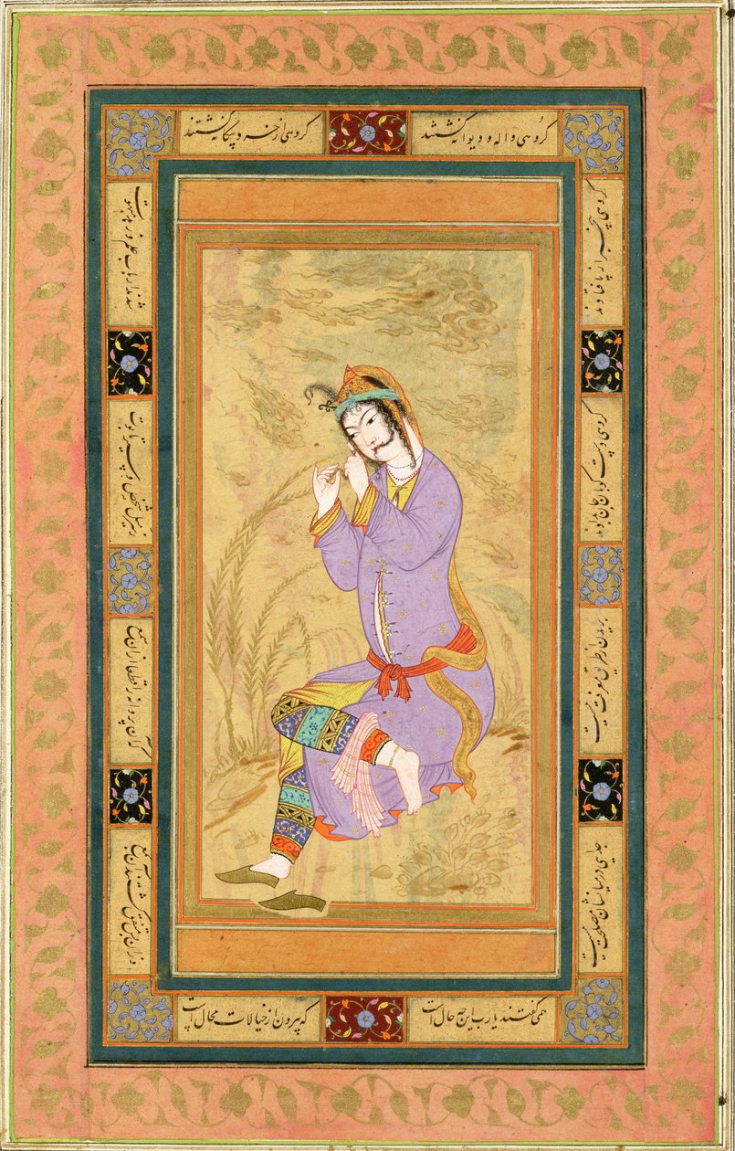 Siddende pige, der krøller sit hår til ringlets, fra Large Clive Album, c.1600-10swed av Persian School