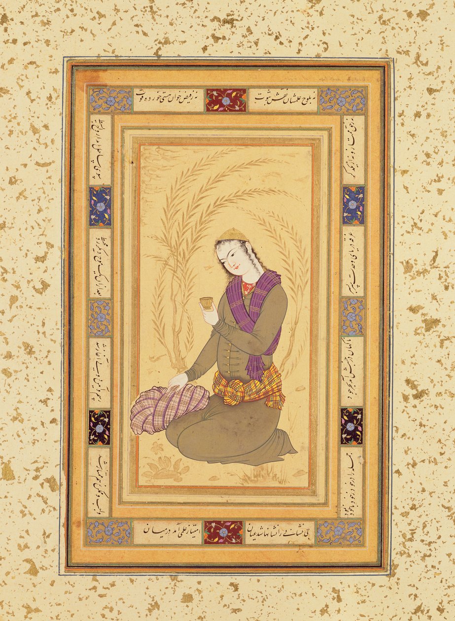 Sittande ungdom som håller en kopp, från Large Clive Album, c.1610-20 av Persian School