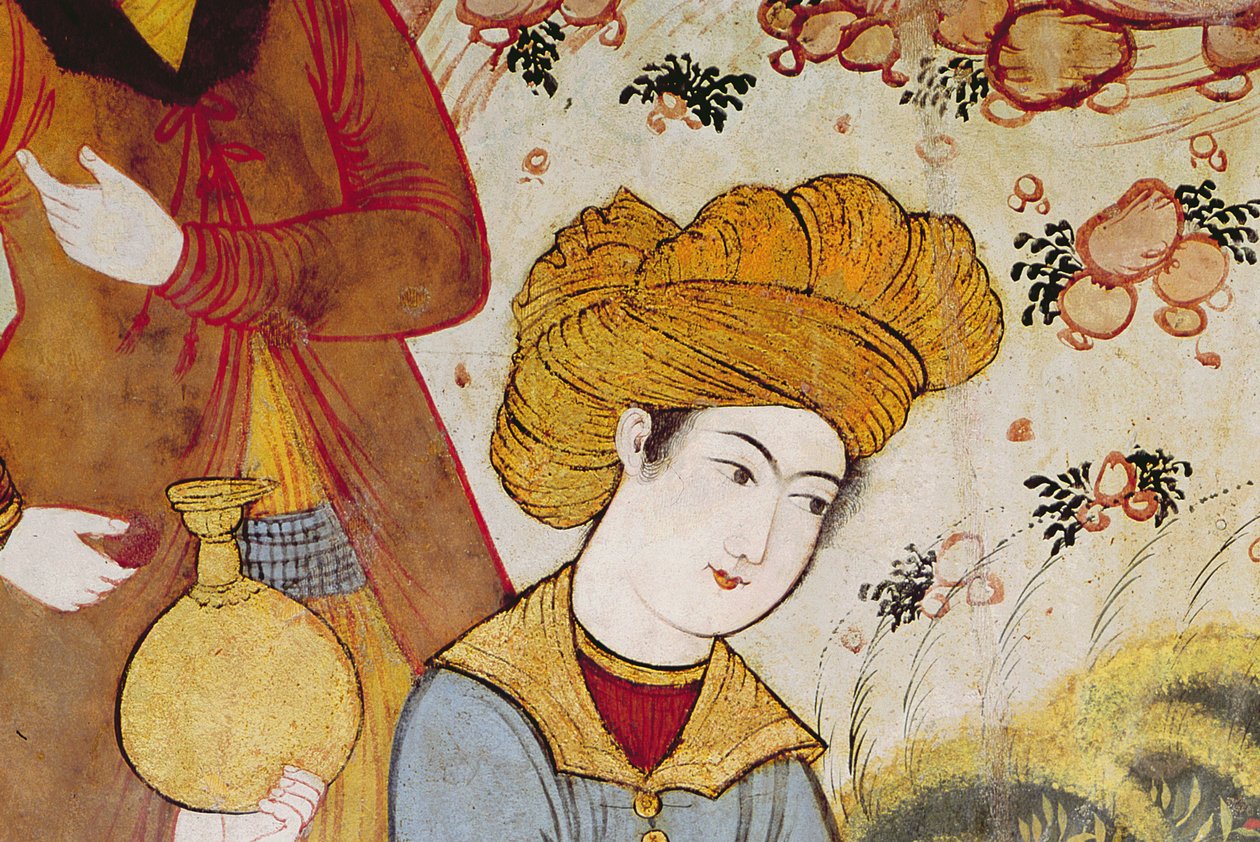 Shah Abbas I (1588-1629) och en hovmästare som erbjuder frukt och dryck (detalj från 155563 föreställande hovmannens huvud) av Persian School
