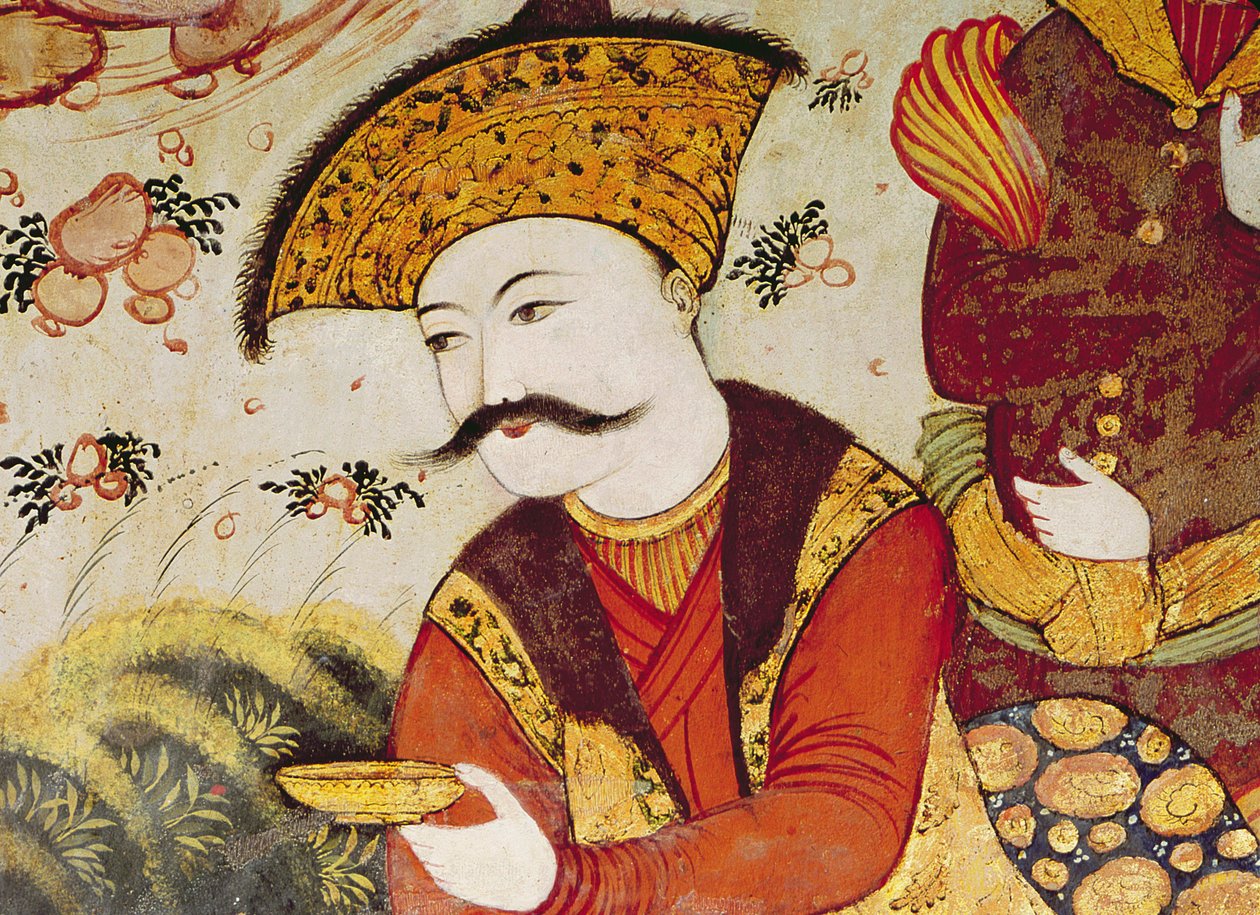 Shah Abbas I (1588-1629) och en hovmästare som erbjuder frukt och dryck (detalj från 155563 som visar Shahens huvud) av Persian School