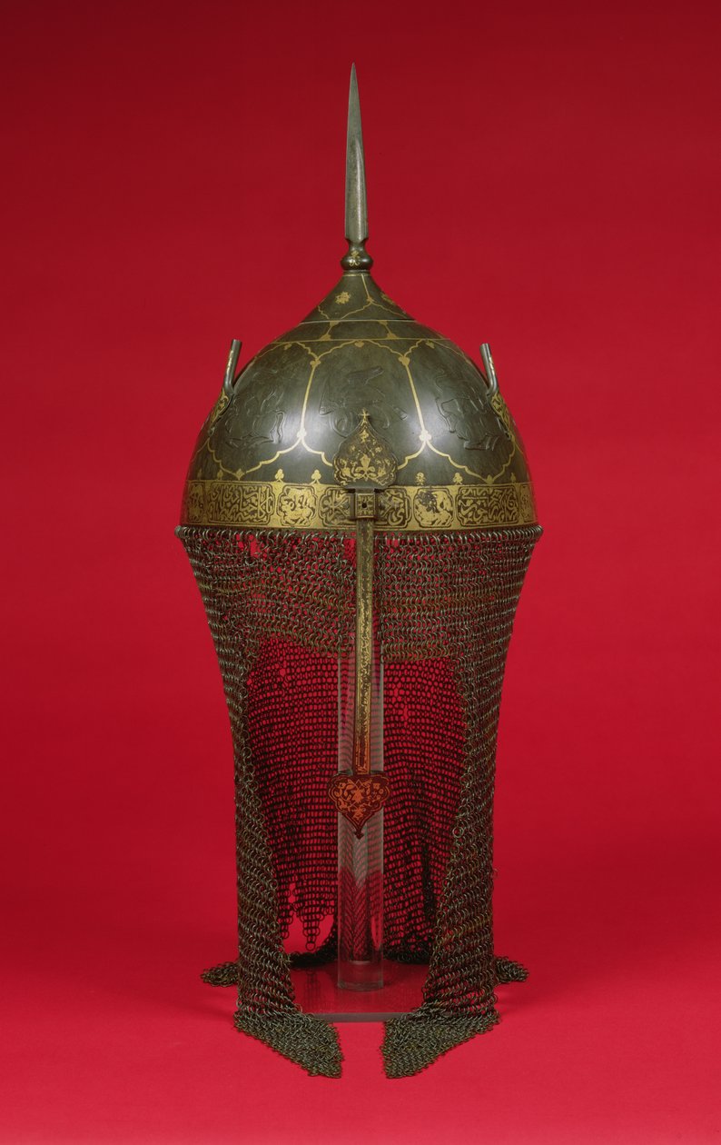 Hjälm med ringbrynjeskydd, Safavid Period (förgylld, stål och mässing) av Persian School