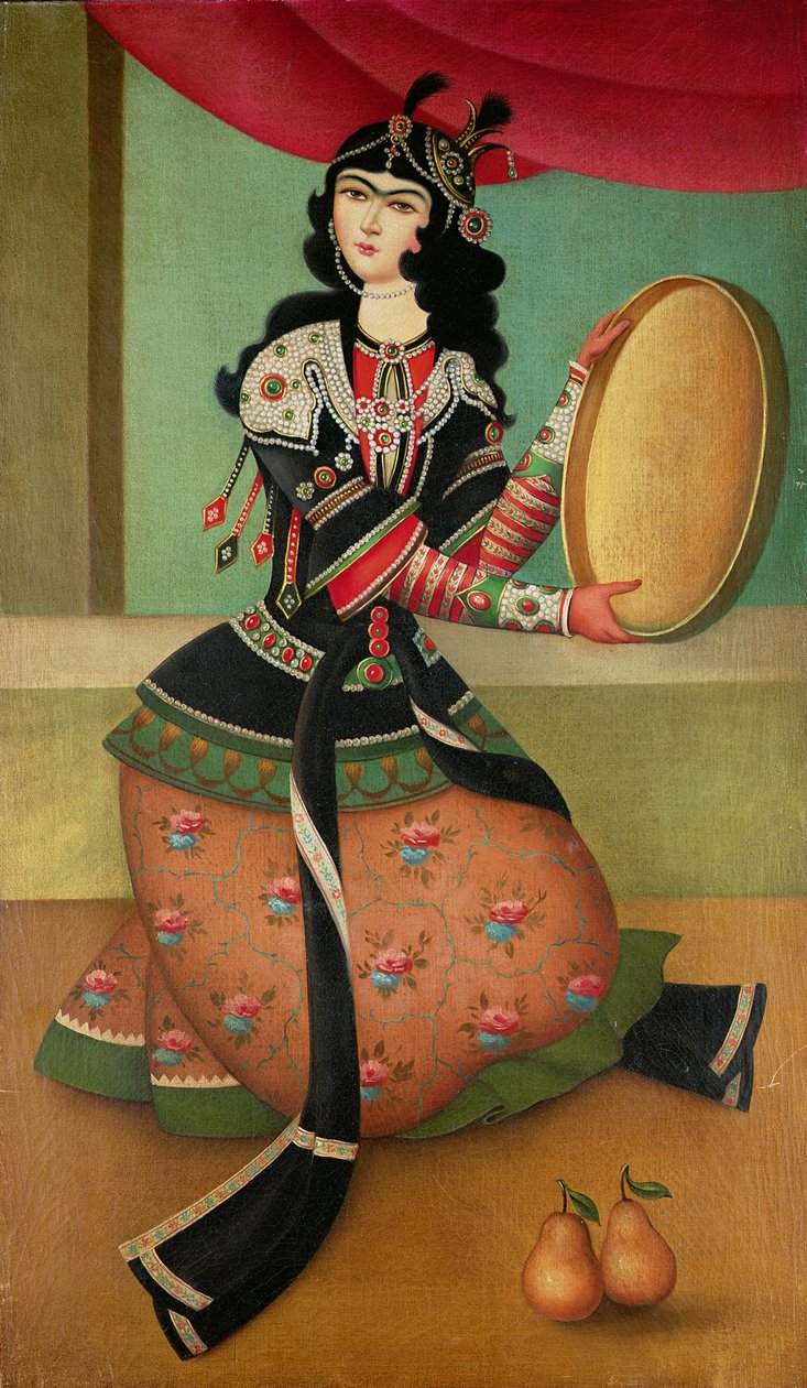 En dansande tjej med en tamburin, Qajar-skola av Persian School