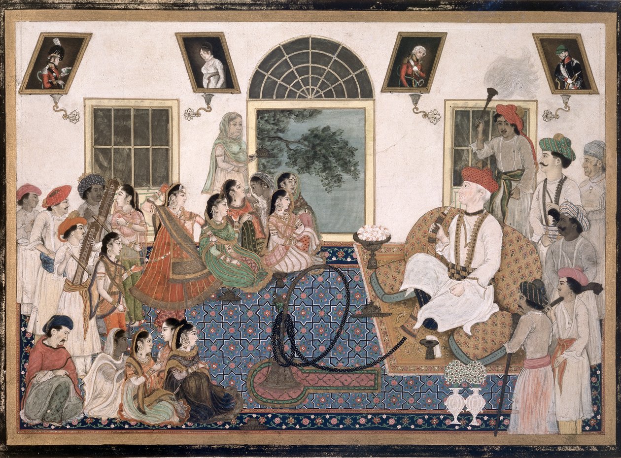 En europé, förmodligen Sir David Ochterlony (1758-1825), i indisk klädsel, rökte vattenpipa och tittade på en nautch i sitt hus i Delhi, ca 1820 (bläck & färg på papper) av Persian School