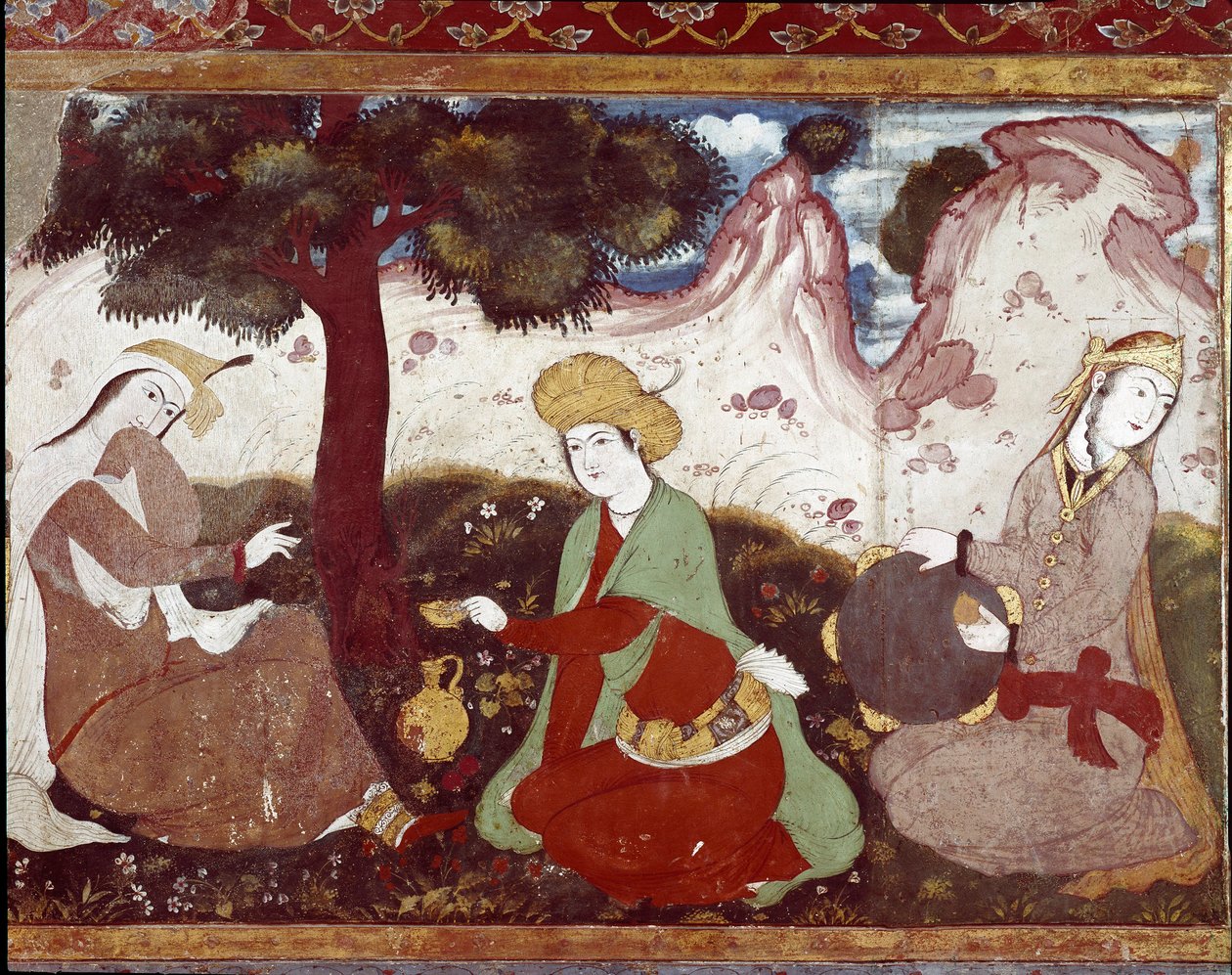 En persisk prinsessa med sina kurtisaner i en 1600-talsträdgård. Fresk från Palace of the 40 Columns (Chehel Sotoun) i Isfahan (Isfahan eller Esfahan, Isfahan), Iran. av Persian School