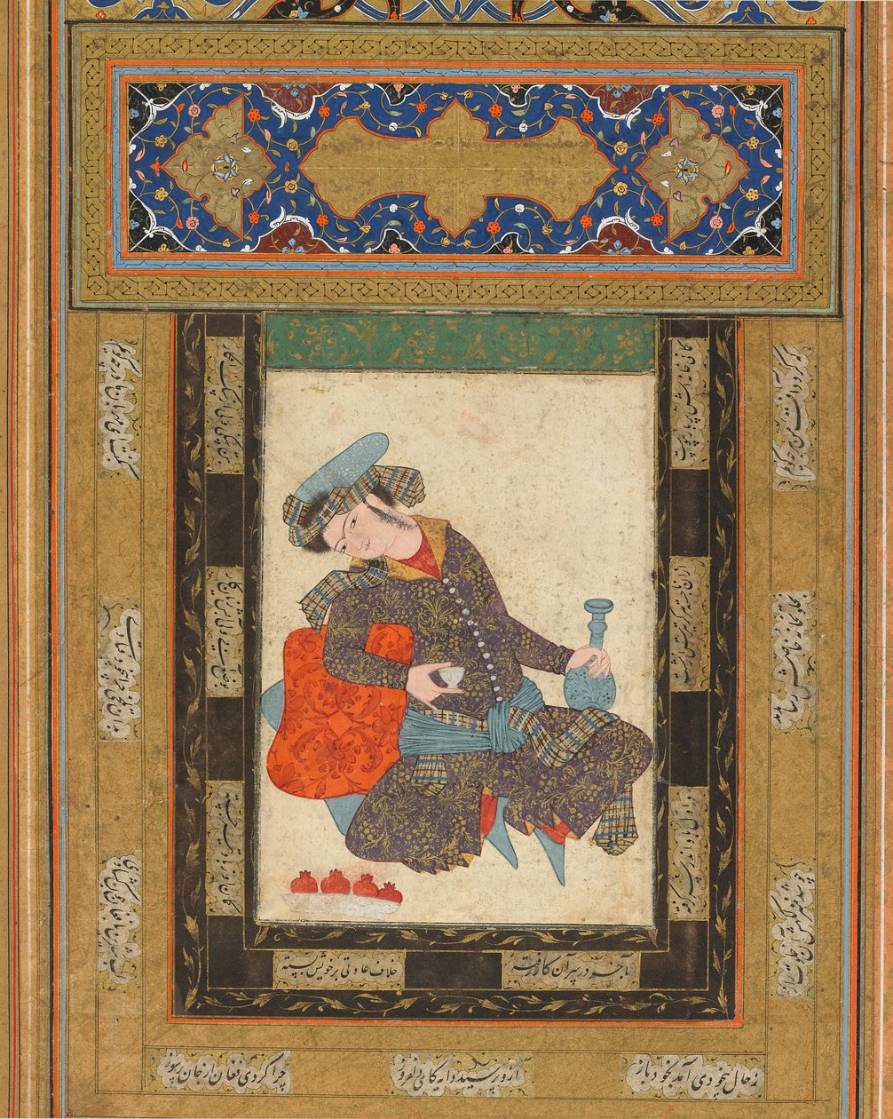A Reclining Youth, Iran, safavidperioden, ca 1600-10 (ogenomskinlig akvarell, bläck och guld på papper) av Persian School