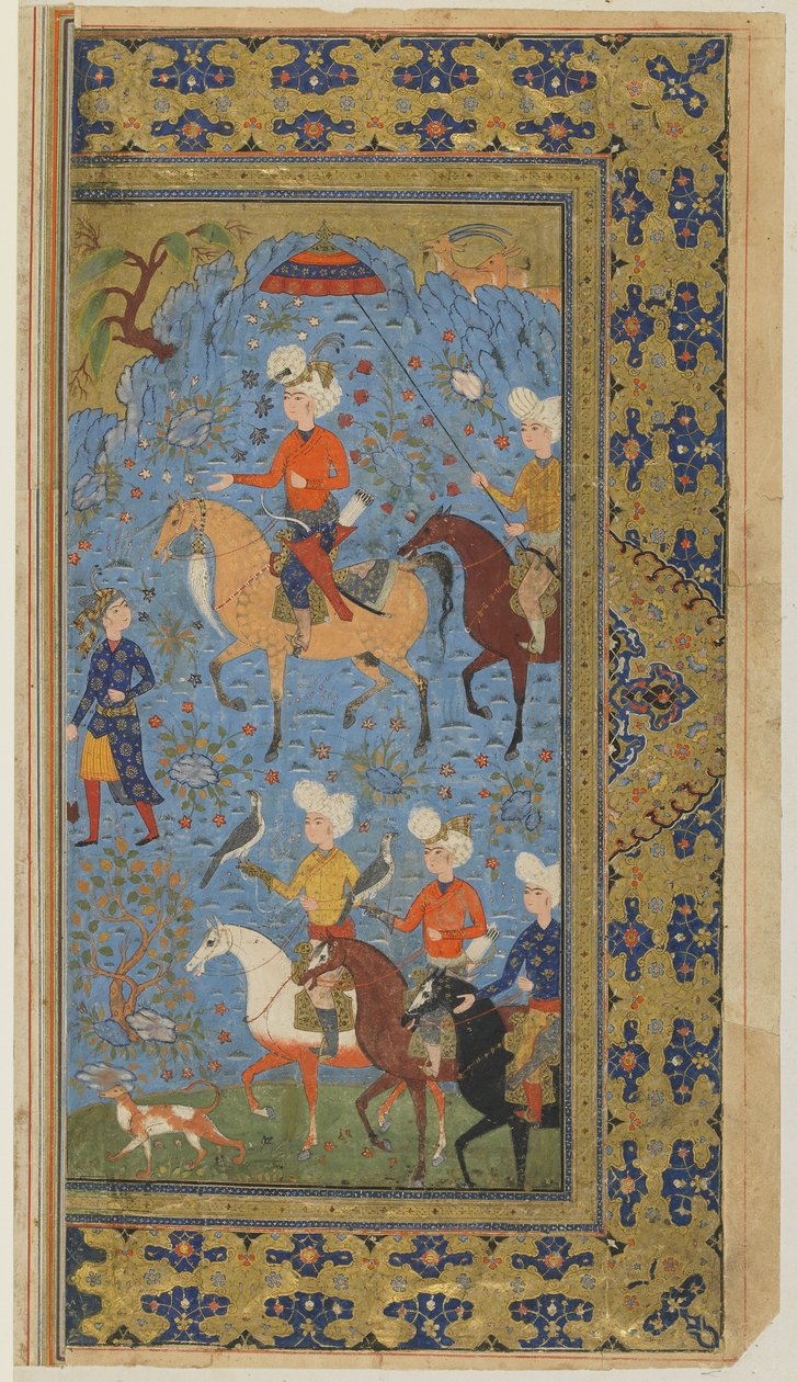 A Royal Hunt from a Shahnama (Kungarnas bok) av Firdawsi, ca 1590-1600 (bläck, ogenomskinlig akvarell och guld på papper) av Persian School