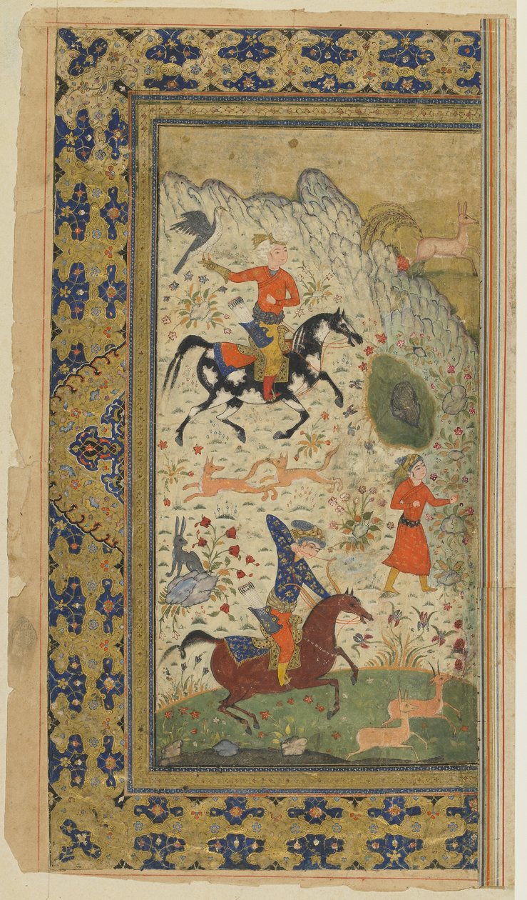A Royal Hunt from a Shahnama (Kungarnas bok) av Firdawsi, ca 1590-1600 (bläck, ogenomskinlig akvarell och guld på papper) av Persian School