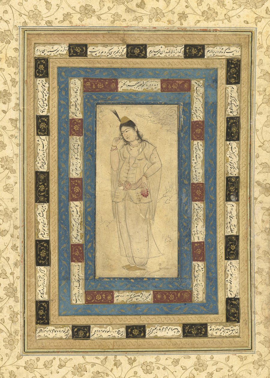 A Standing Lady, Isfahan, ca 1620-25 (bläck, ogenomskinlig wc och guld på papper) av Persian School